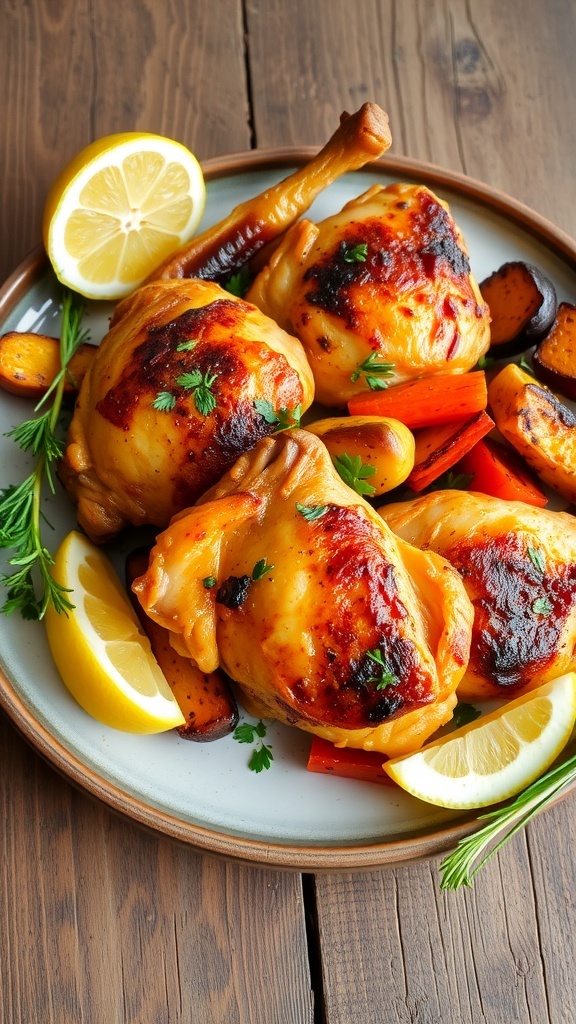 Juicy chicken thighs garnished with herbs, served with roasted vegetables on a wooden table.